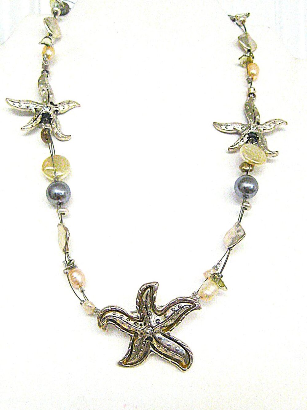 Set - Earrings, Necklace, Starfish - Glass Pearls -  Neutral Colors -  New